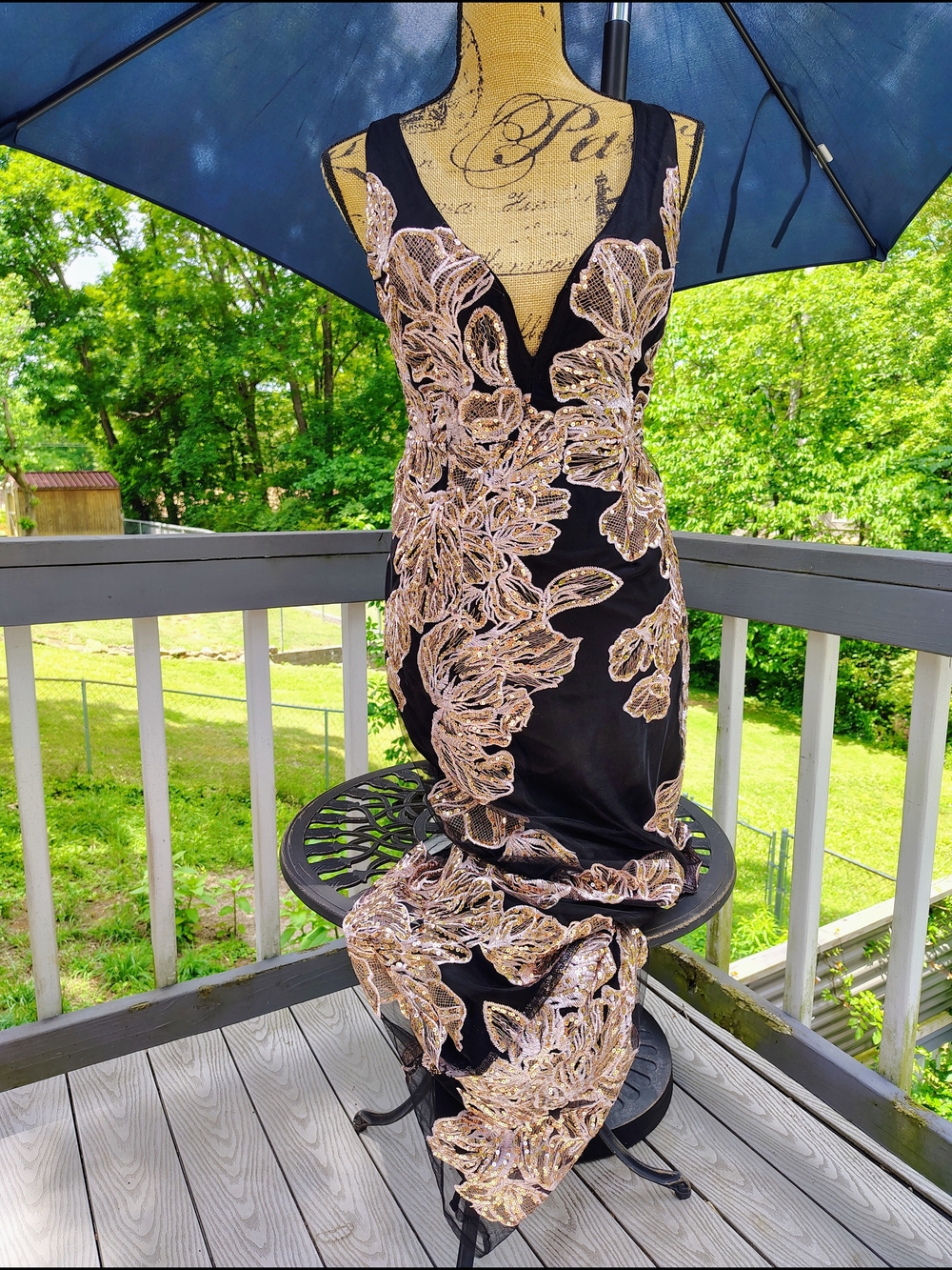 Black Gold Sequin Embroidered Formal Gown Mermaid Mesh Maxi Dress XS S